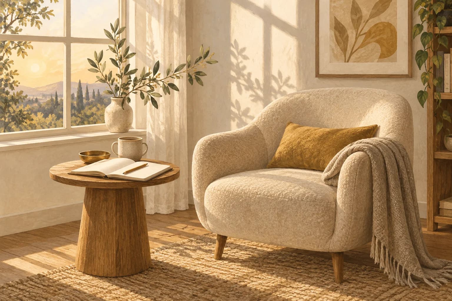 Warm editorial illustration of an empty armchair beside a table with an open journal in soft window light.